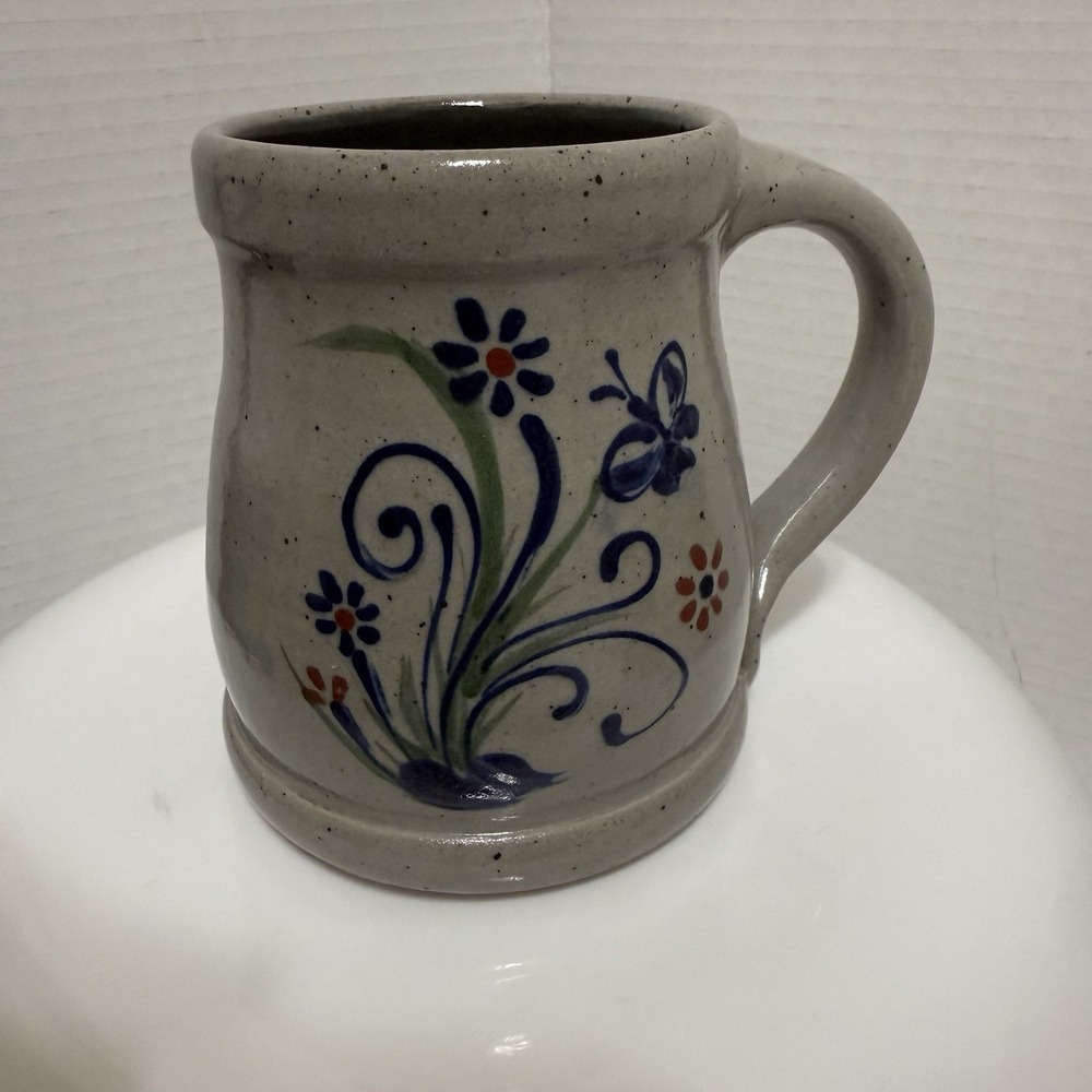 Vtg Stoneware‎ ceramic Coffee mug floral Motif Salt Glazed Primitive Beautiful
